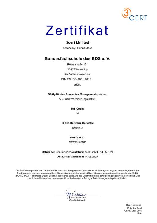 Qualitätszertifikat für Bundesfachschule des Bundesverband Deutscher Schwimmmeister